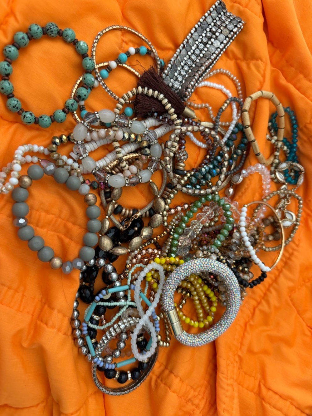 Mixed Beaded Stretch Bracelet Set in Turquoise, Gold, White and Black